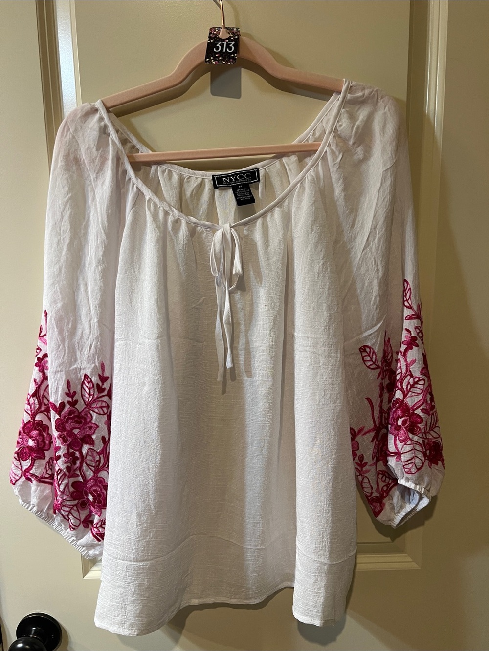 NYCC White Peasant Blouse with Pink Floral Sleeve Embroidery H313